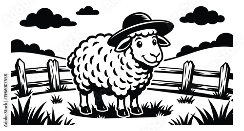 Cartoon illustration of a sheep wearing a hat depicting a cute farm animal standing by a wooden fence for agricultural and children design