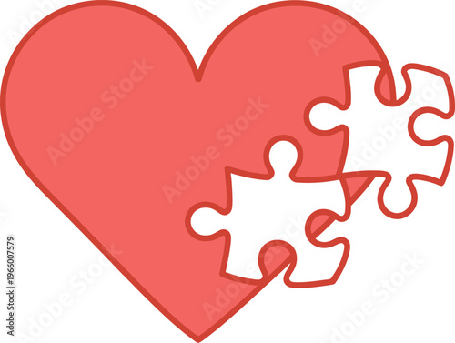 A red heart shape with two white jigsaw puzzle pieces partially detached from its right side
