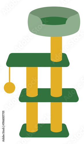 Flat illustration of a cat tree depicting a multilevel pet furniture with scratching posts and cozy bed for pet care design