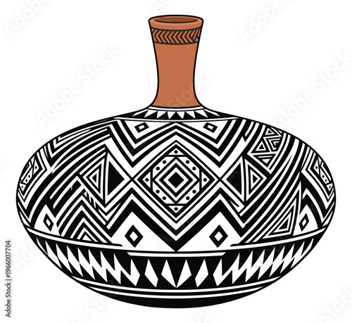 Flat illustration of a decorative ceramic vase depicting geometric tribal patterns for cultural and ethnic design