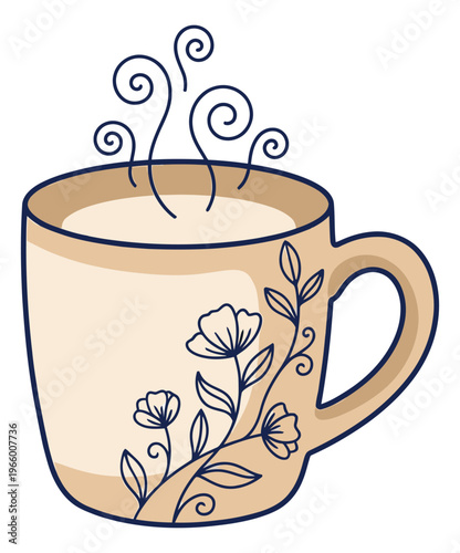 Cartoon illustration of a floral decorated mug depicting steaming hot beverage for cafe and cozy lifestyle design