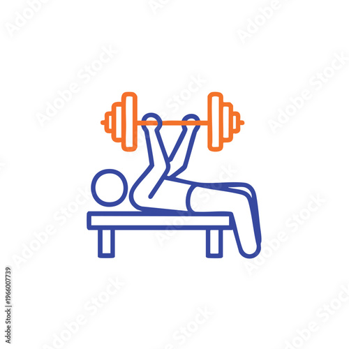 Line art icon of person performing bench press exercise with barbell on weight bench for fitness and workout concepts