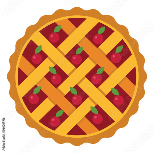 Flat illustration of a cherry pie depicting a lattice crust topping with decorative scalloped edges for food and bakery design