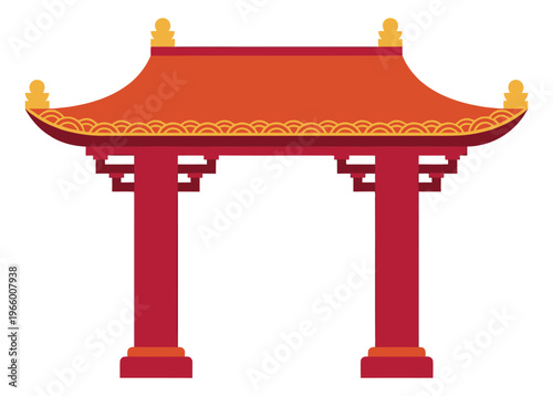 Flat illustration of a traditional Chinese gate depicting a red pagoda entrance arch for cultural and festival design