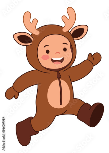Cartoon illustration of a happy child in reindeer costume depicting a jumping pose for Christmas and holiday design