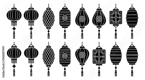 Silhouette icon set of 18 Chinese lanterns featuring traditional paper lamp designs with tassels for Asian cultural and festival design