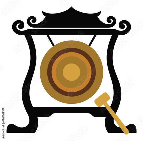 Flat illustration of a traditional Asian gong depicting a percussion instrument with mallet for music and cultural design