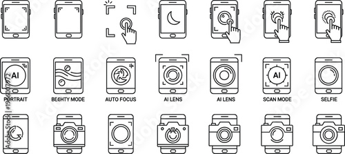 Smartphone Camera Modes and Settings Icon Set Featuring Auto Focus, AI Lenses, Selfie, and Portrait Mode