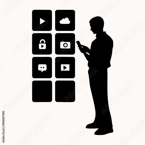 A silhouette of a man standing next to a grid of social media and technology icons