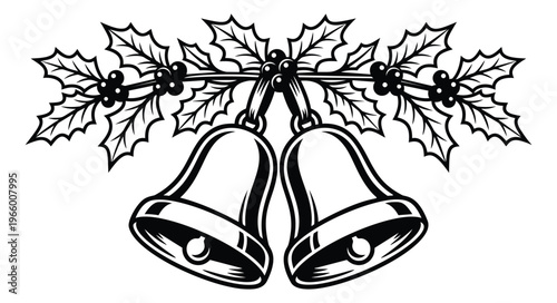 Woodcut illustration of Christmas bells depicting festive holiday decoration with holly and berries for seasonal design