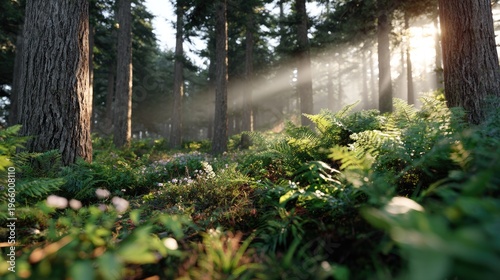 Sunlit Forest Realm: Sunlight streams through a lush forest, creating an ethereal glow over the vibrant green foliage, illuminating the towering trees and hinting at a day of wonder.