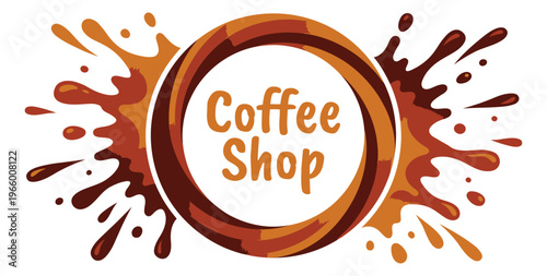 Cartoon illustration of a coffee shop badge depicting a liquid splash frame with bold lettering for cafe and branding design
