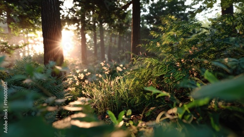 Sun-Kissed Forest Scene: Rays of sunshine filter through a dense forest, illuminating the lush greenery and creating a magical, enchanting atmosphere. A serene and peaceful environment.