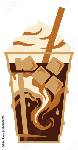 Flat cartoon illustration of an iced coffee cup depicting caramel swirl and whipped cream topping for cafe menu design
