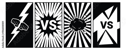 Flat banner set of 4 versus screens featuring fists lightning bolt explosion and VS text for combat and gaming design