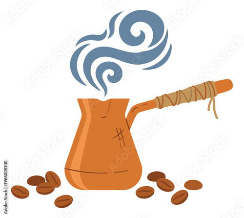 Flat illustration of a turkish coffee pot depicting steaming cezve with scattered beans for cafe and food design