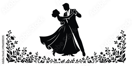 Silhouette illustration of couple dancing waltz depicting romantic ballroom dance with floral border for wedding design