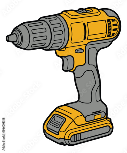 Cartoon illustration of a cordless power drill depicting a rechargeable battery tool for construction and DIY design