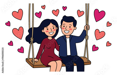 Cartoon illustration of a happy couple sitting on a swing depicting romantic love surrounded by hearts for Valentine's Day design