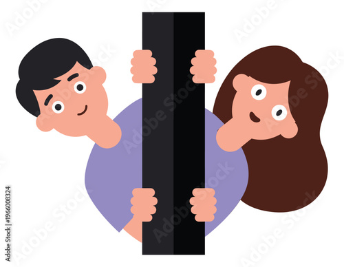 Flat illustration of two cartoon characters peeking around a dark pole depicting curiosity and surprise for children and social media design
