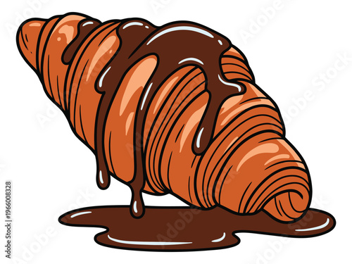 Cartoon illustration of a chocolate drizzled croissant depicting melting sauce dripping for bakery and food design
