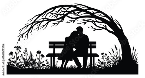Silhouette illustration of romantic couple sitting on bench depicting lovers embracing under tree for love and relationship design
