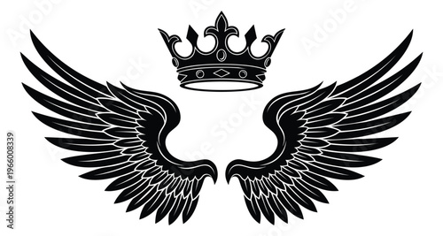 Silhouette illustration of winged crown depicting royal wings symbol for tattoo and heraldic design