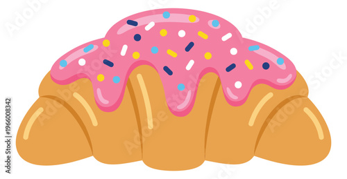 Cartoon illustration of a frosted croissant depicting pink glazed pastry with colorful sprinkles for bakery and food design