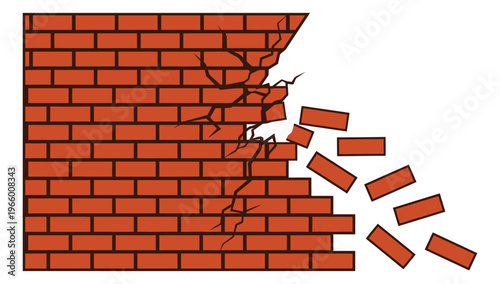 Cartoon illustration of a crumbling brick wall depicting structural collapse and destruction for construction and disaster design