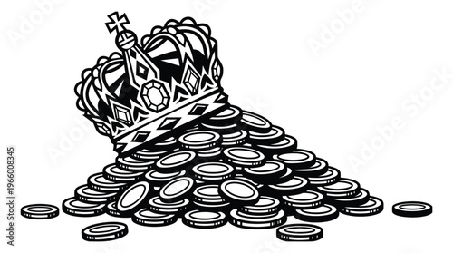 Engraving illustration of a royal crown resting on a pile of gold coins depicting wealth and luxury for finance and gaming design