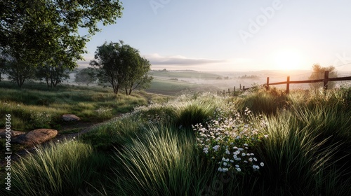 Morning Landscape: A serene and vibrant scene of a countryside landscape bathed in the soft glow of the early morning sun, a perfect setting to evoke feelings of calm and peace.
