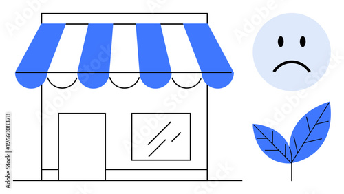Small business concept. Small business facing challenges with environmental sustainability with a storefront, sad face, and leaf. Small business survival, eco-awareness, and social impact. Business