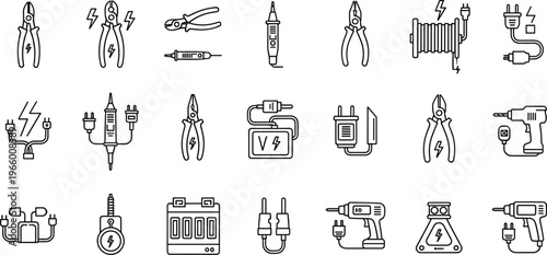 Electrician Tools Icon Set Featuring Pliers, Drills, Wires, and Electrical Equipment