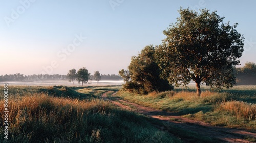 Sunrise Scenic Vista: A tranquil sunrise paints the landscape with soft hues, as a dirt path guides the viewer's eye towards the horizon, framed by flourishing trees and a gentle morning mist.