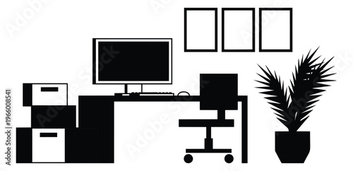 Silhouette illustration of home office workspace depicting desk setup with computer monitor chair and plant for interior design