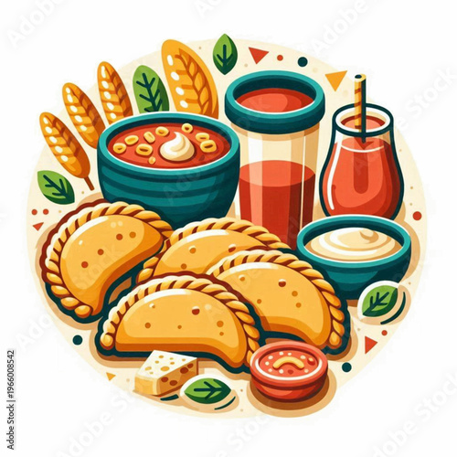 Cartoon illustration empanadas corn soup and red juice in a circular arrangement