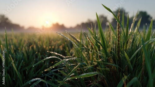 Dawn's Embrace: A close-up perspective captures the verdant green grass in a field, glistening with morning dew as the sun ascends, casting a soft, golden glow that evokes peace and serenity.