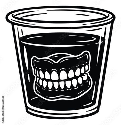 Bold woodcut illustration of dentures soaking in a glass depicting dental hygiene for healthcare and senior care design