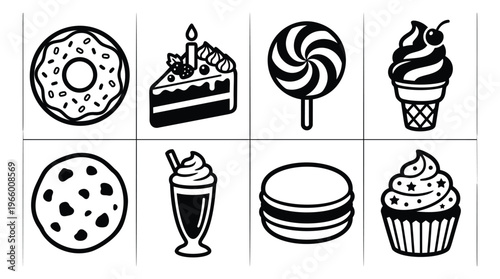 Flat icon set of 8 sweet desserts featuring donut, cake, lollipop, ice cream, cookie, milkshake, macaron and cupcake for bakery design