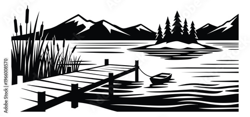 Woodcut illustration of a lakeside dock depicting a serene mountain landscape with boat and cattails for nature and outdoor design