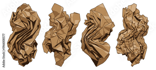 Cartoon illustration set of 4 crumpled brown kraft paper balls depicting wrinkled wadded shapes for packaging and craft design