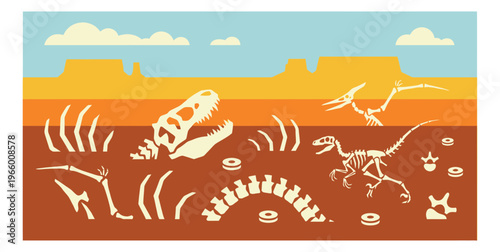 Flat illustration of dinosaur fossil excavation depicting prehistoric skeleton remains in desert landscape for paleontology and education design
