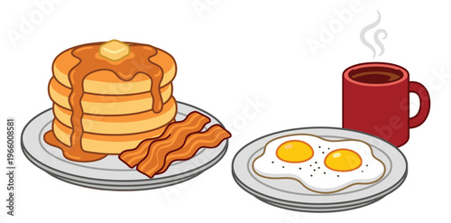 Cartoon illustration of classic American breakfast depicting pancakes eggs bacon and coffee for food and restaurant design