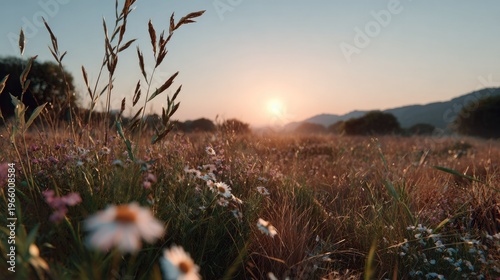 Sunrise Over the Meadow: A stunning sunrise casts a warm glow over a field of wildflowers and tall grasses, creating a serene and picturesque landscape.