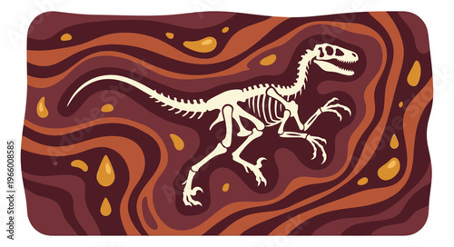 Flat illustration of a dinosaur skeleton fossil embedded in layered earth strata depicting paleontology discovery for science and education design