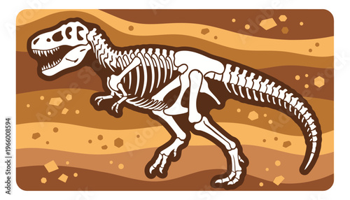 Cartoon illustration of a tyrannosaurus rex skeleton depicting a fossilized dinosaur in layered earth strata for paleontology and education design