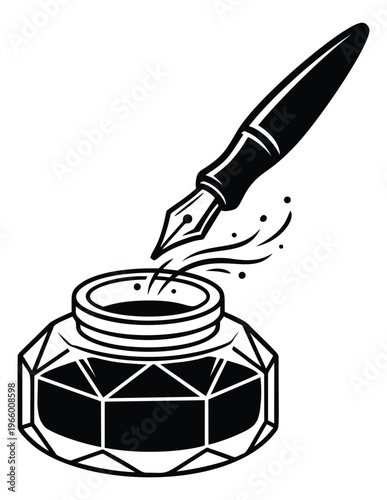 Bold tattoo style illustration of a fountain pen dipping into an ink bottle depicting writing and creativity for literary and branding design