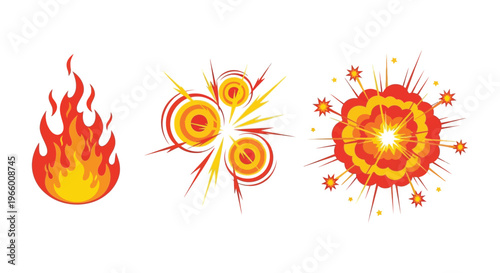 A vibrant set of three cartoon explosion graphics designed with dynamic lines and fiery colors silhouette high quality professional detailed modern