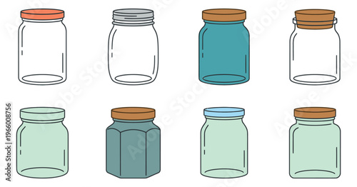 Flat icon set of 8 glass storage jars featuring various shapes, colors and cork or metal lids for kitchen and home design