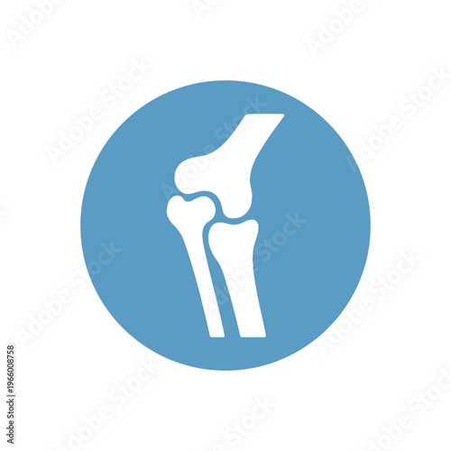 A simplified white illustration of a human knee joint is centered within a solid blue circle